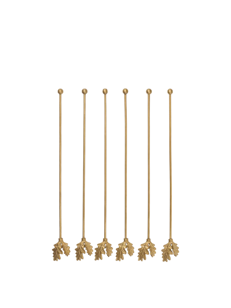 Oak Leaf Stir Sticks - Long - Set of 6 - Brass