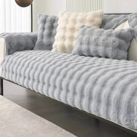 Housse de Canapé Ultra Douce en Fausse Fourrure - Gris