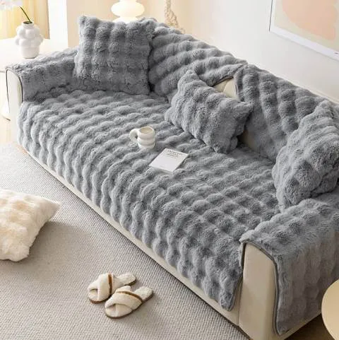 Housse de Canapé Ultra Douce en Fausse Fourrure - Gris