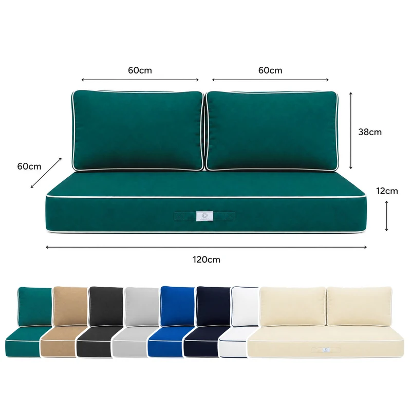 Ensemble Coussins Premium 120x60 Vert Émeraude - 1 Assise + 2 Dossiers (Épais 12cm & Passepoil)