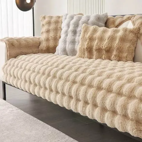 Housse de Canapé Ultra Douce en Fausse Fourrure - Beige
