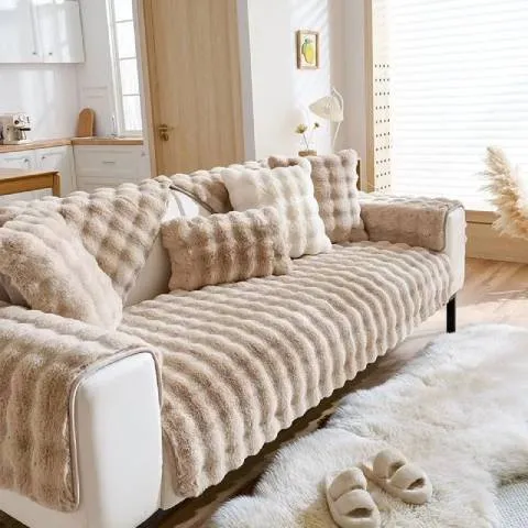 Housse de Canapé Ultra Douce en Fausse Fourrure - Beige
