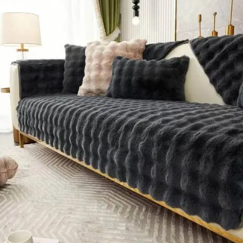 Housse de Canapé Ultra Douce en Fausse Fourrure - Noire