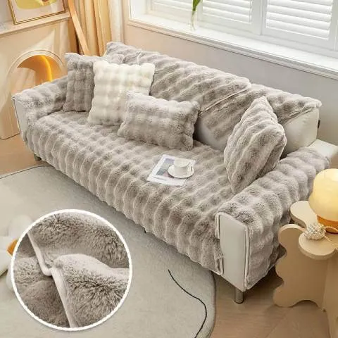Housse de Canapé Ultra Douce en Fausse Fourrure - Gris Clair