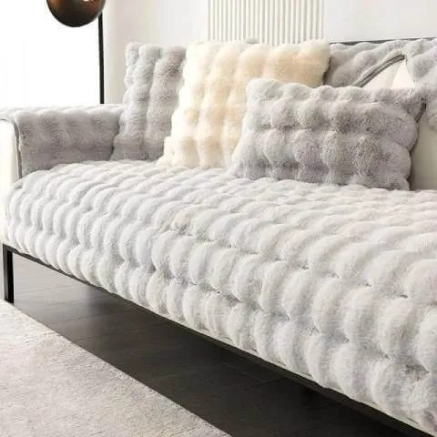 Housse de Canapé Ultra Douce en Fausse Fourrure - Gris Clair