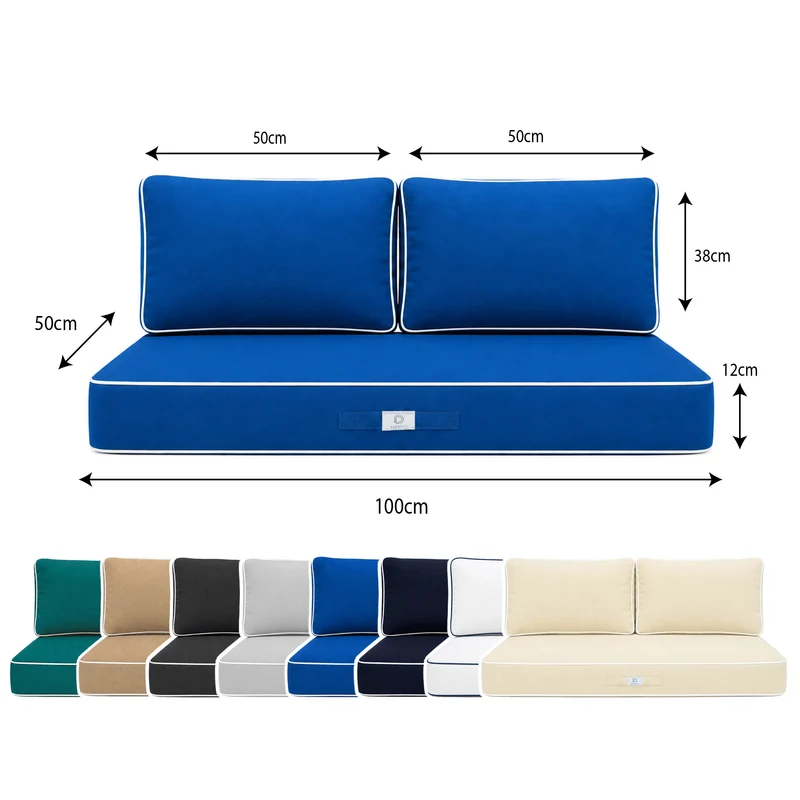 Ensemble Coussins Premium 100x50 Bleu Royal - 1 Assise + 2 Dossiers (Épais 12cm & Passepoil)