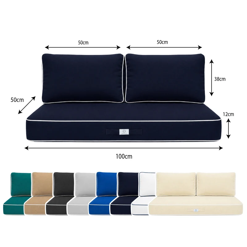 Ensemble Coussins Premium 100x50 Bleu Marine - 1 Assise + 2 Dossiers (Épais 12cm & Passepoil)
