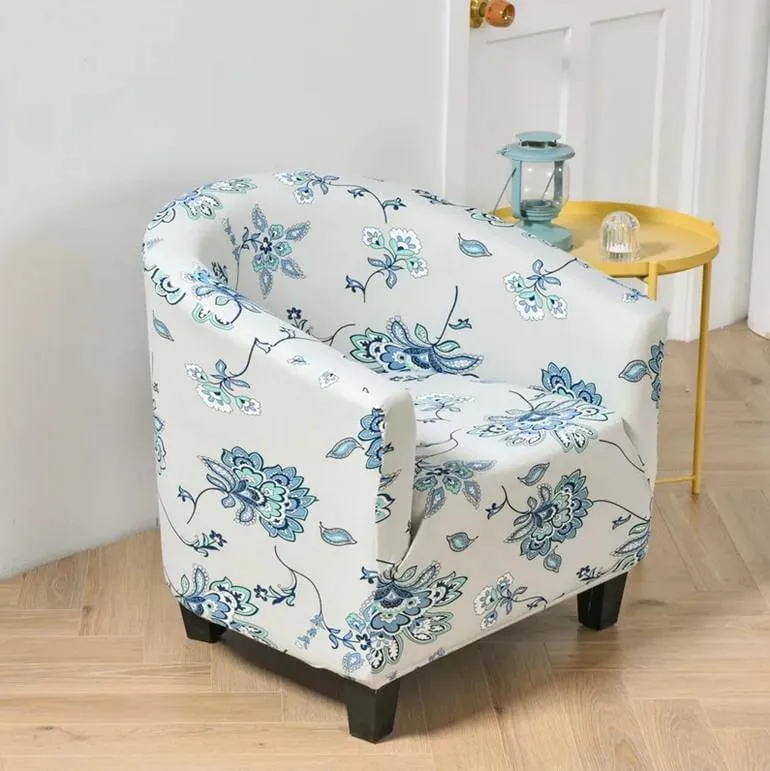 Housse de Fauteuil Club Extensible - Motif Fleuri Bleu Élégant