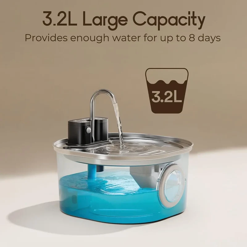 Fontaine à Eau pour Chat Sans Fil 3,2L en Inox – Rechargeable & Ultra Silencieuse