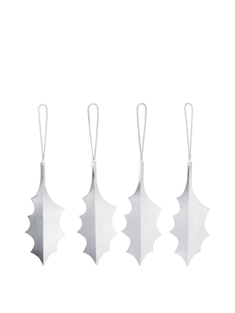 Holly Leaf Ornaments - Set of 4 - Silver