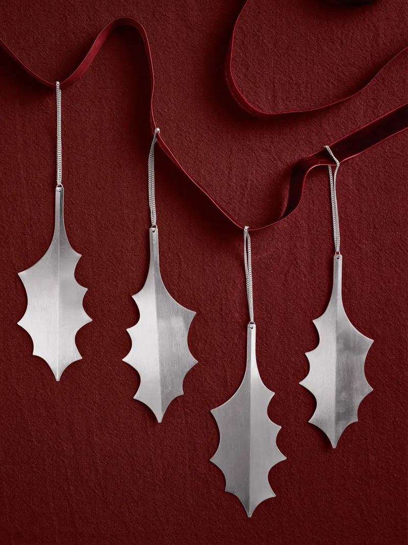 Holly Leaf Ornaments - Set of 4 - Silver