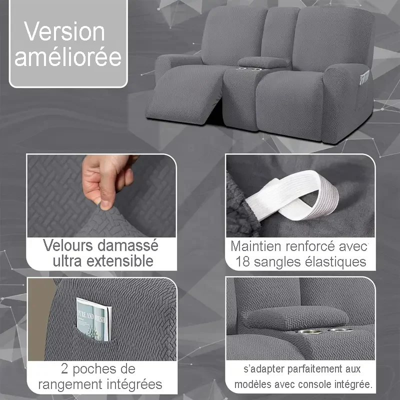 Housse pour canapé relax 2 places avec console centrale velours damassé