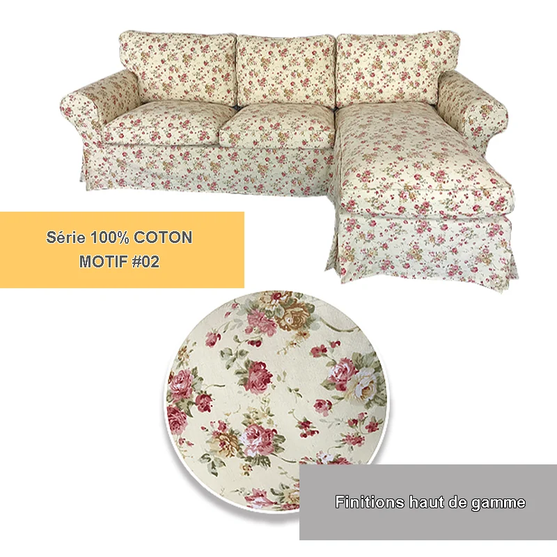 Housse pour canapé d'angle IKEA EKTORP 2 places + méridienne - motifs imprimés 100% coton