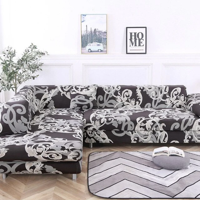 Housse de Canapé d'Angle Baroque Gris et Noir