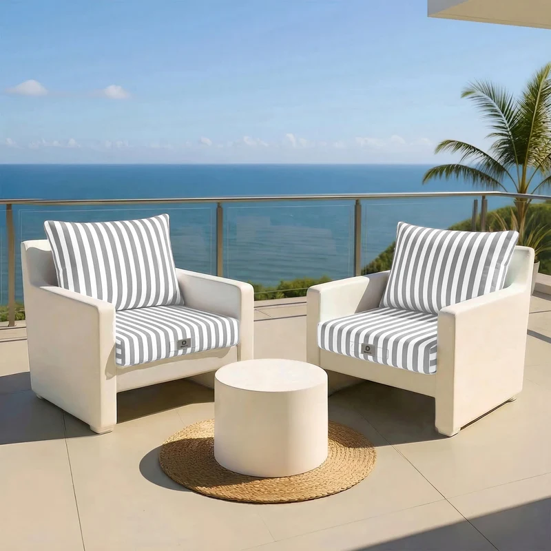Ensemble Coussins Salon Jardin 60x70 Rayure Gris Clair - Premium 270g (Assise + Dossier)