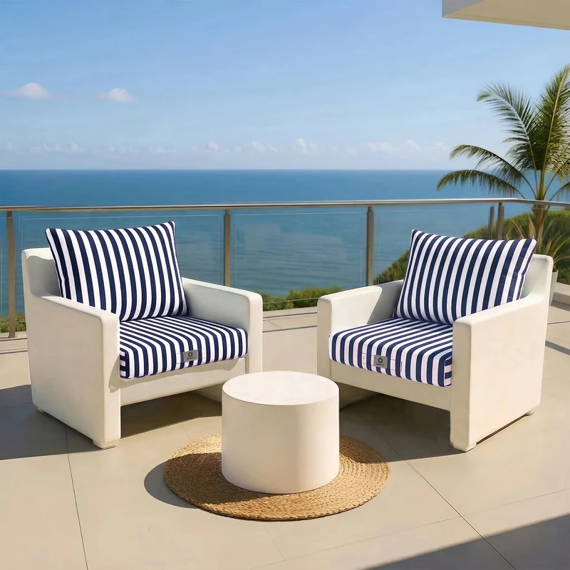 Ensemble Coussins Salon Jardin 60x70 Rayure Bleu Marine - Premium 270g (Assise + Dossier)