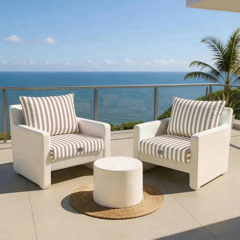 Ensemble Coussins Salon Jardin 60x70 Rayure Beige - Premium 270g (Assise + Dossier)