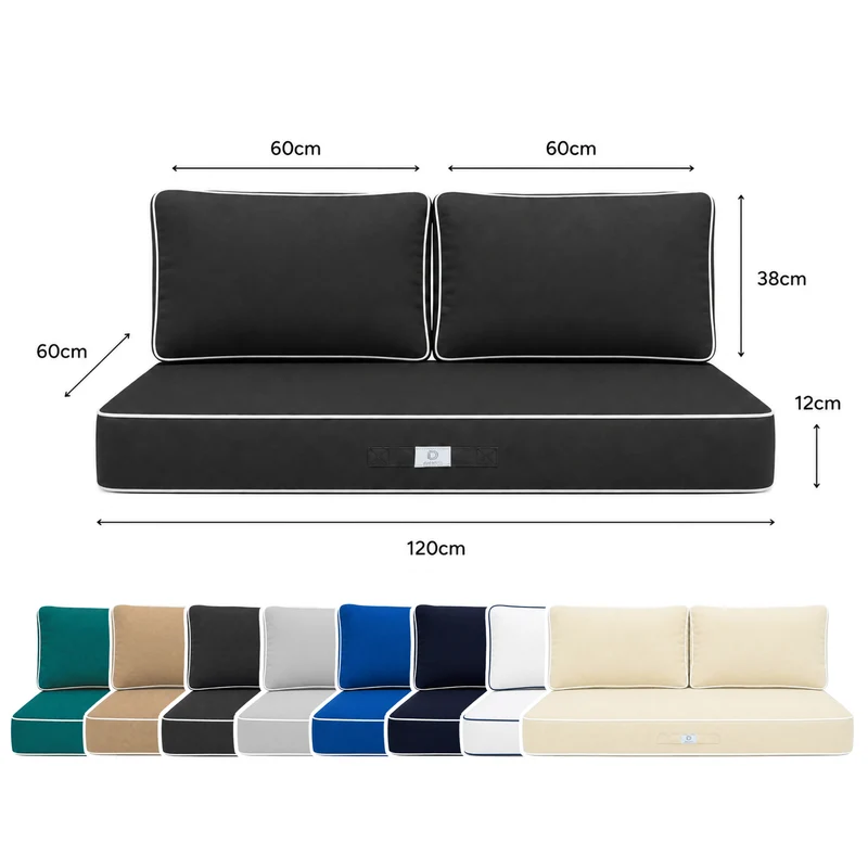 Ensemble Coussins Premium 120x60 Gris Foncé - 1 Assise + 2 Dossiers (Épais 12cm & Passepoil)