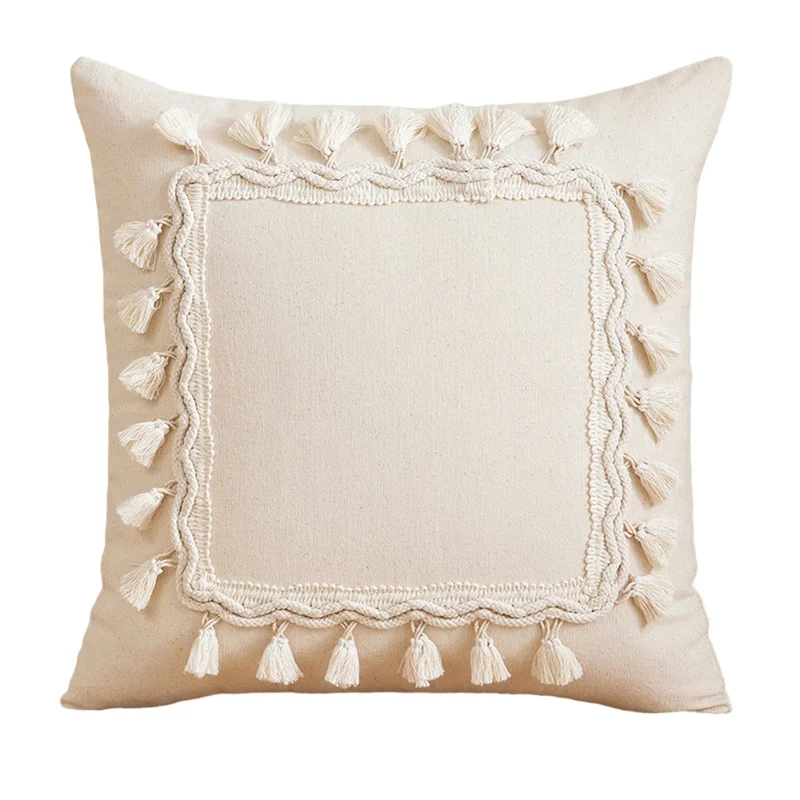 Coussin berbere beige et carré à pampilles