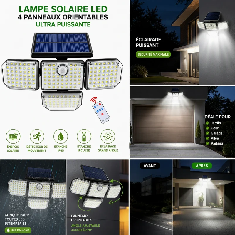 Lampe Solaire LED Extérieure 4 Panneaux avec Détecteur de Mouvement et Télécommande