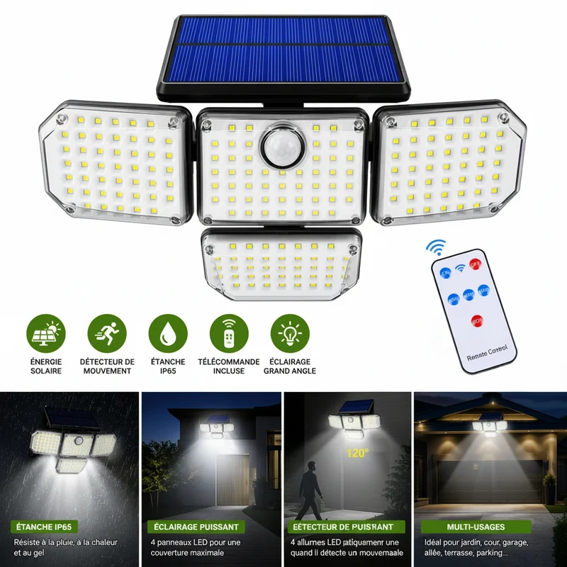 Lampe Solaire LED Extérieure 4 Panneaux avec Détecteur de Mouvement et Télécommande