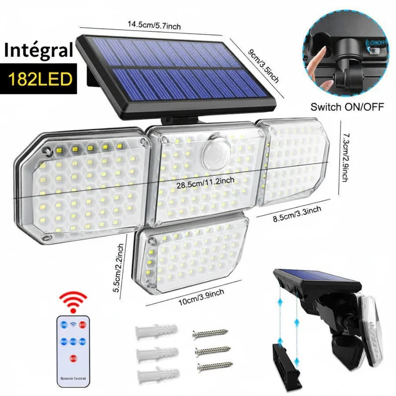Lampe Solaire LED Extérieure 4 Panneaux avec Détecteur de Mouvement et Télécommande
