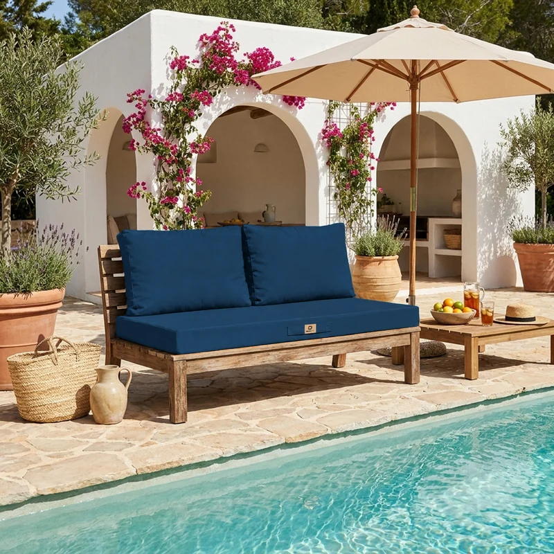 Ensemble Coussins Salon Jardin 120x60 Bleu Pétrole - Déhoussable & Anti-UV (1 Assise + 2 Dossiers)