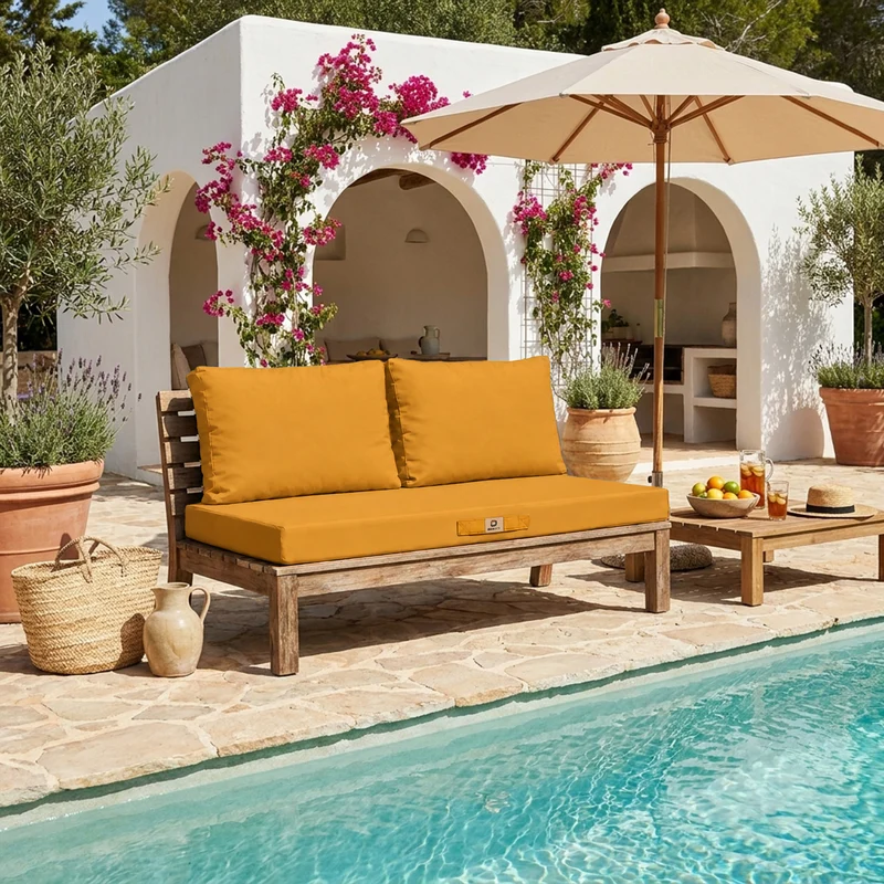 Ensemble Coussins Salon Jardin 120x60 Jaune - Déhoussable & Anti-UV (1 Assise + 2 Dossiers)