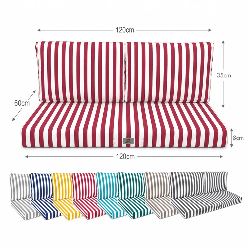 Ensemble Coussins Salon Jardin 120x60 Rayure Rouge - Premium 270g (1 Assise + 2 Dossiers)
