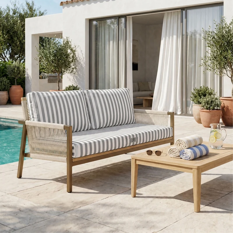 Ensemble Coussins Salon Jardin 120x60 Rayure Gris Clair - Premium 270g (1 Assise + 2 Dossiers)
