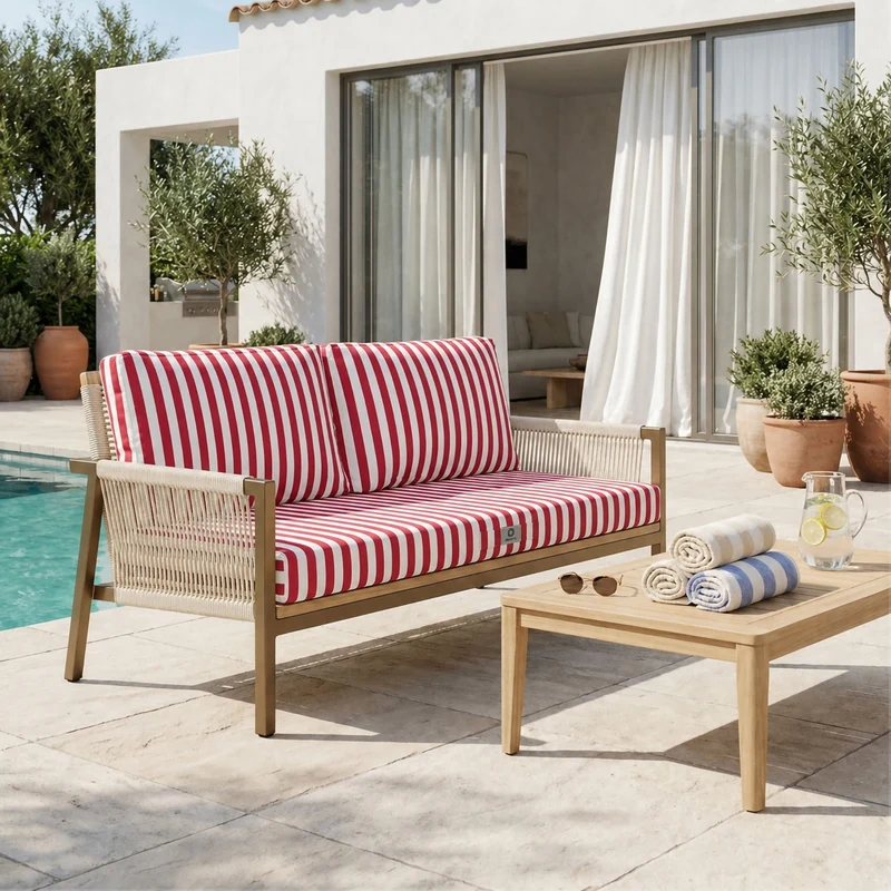 Ensemble Coussins Salon Jardin 100x50 Rayure Rouge - Premium 270g (1 Assise + 2 Dossiers)
