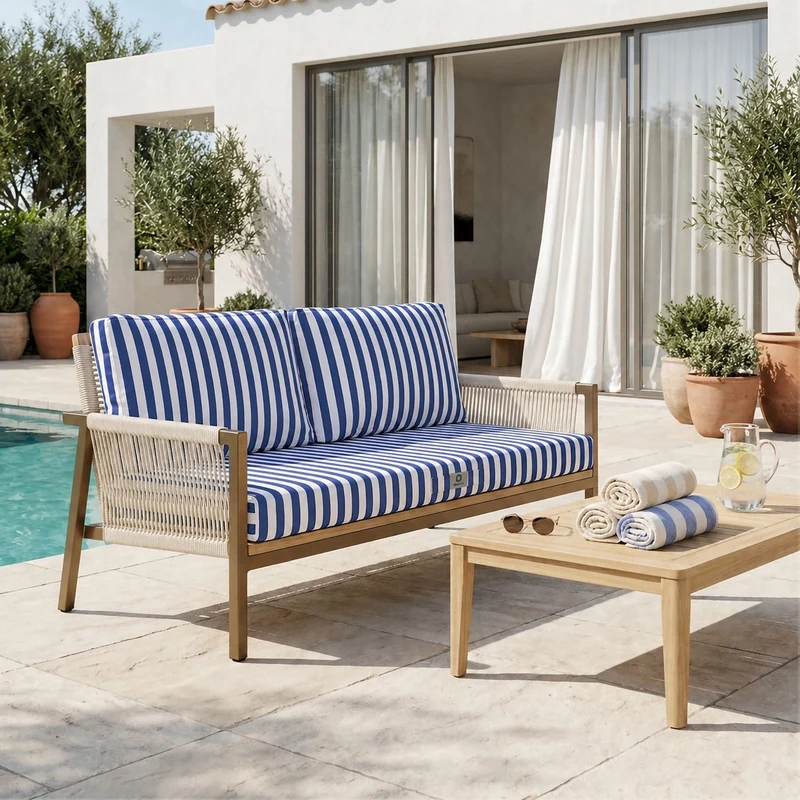 Ensemble Coussins Salon Jardin 100x50 Rayure Bleu Marine - Premium 270g (1 Assise + 2 Dossiers)