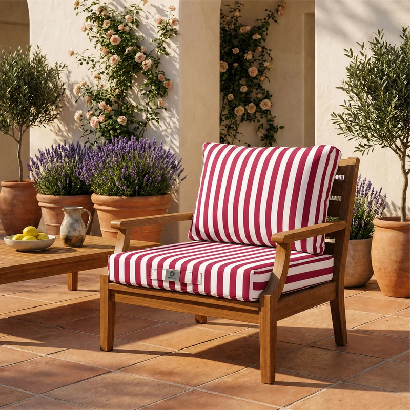 Ensemble Coussins Salon Jardin 60x60 Rayure Rouge - Premium 270g (Assise + Dossier)