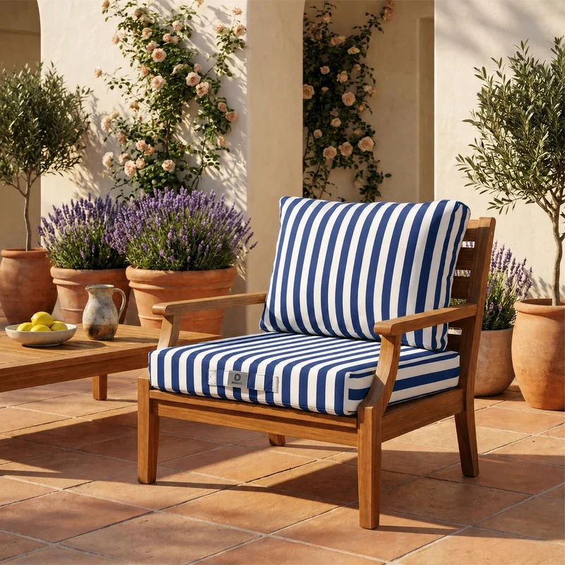 Ensemble Coussins Salon Jardin 60x60 Rayure Bleu Marine - Premium 270g (Assise + Dossier)