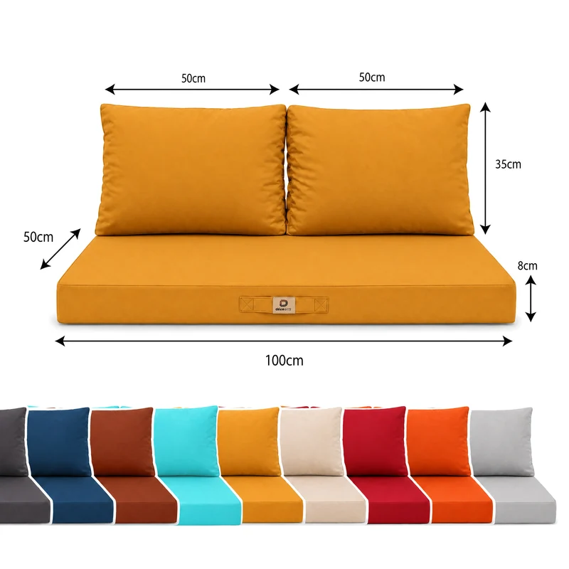 Ensemble Coussins Salon Jardin 100x50 Jaune - Déhoussable & Anti-UV (1 Assise + 2 Dossiers)