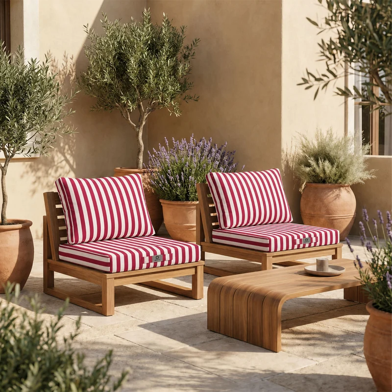 Ensemble Coussins Salon Jardin 50x50 Rayure Rouge - Premium 270g (Assise + Dossier)