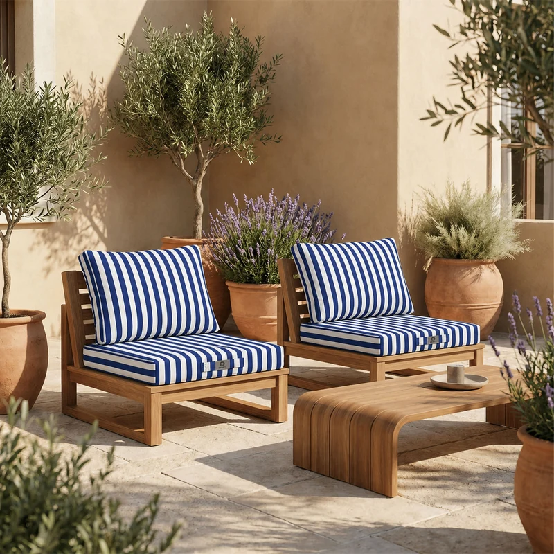 Ensemble Coussins Salon Jardin 50x50 Rayure Bleu Marine - Premium 270g (Assise + Dossier)