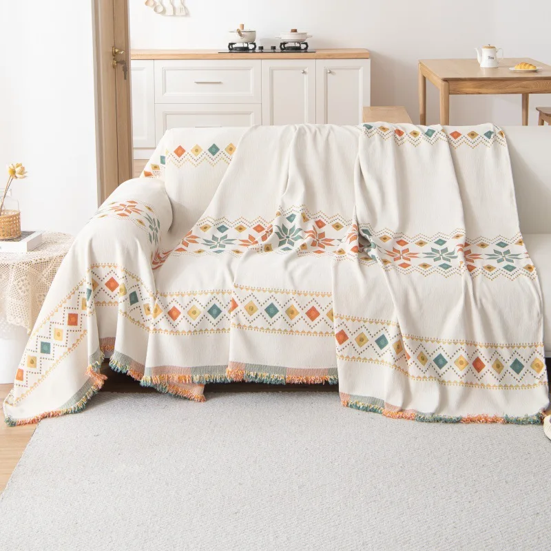 Plaid jeté de canapé grande taille double face style bohème ethnique chenille renforcée
