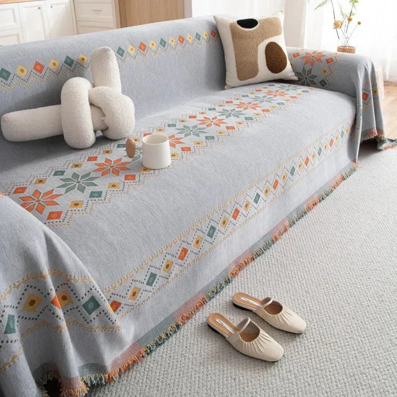 Plaid jeté de canapé grande taille double face style bohème ethnique chenille renforcée