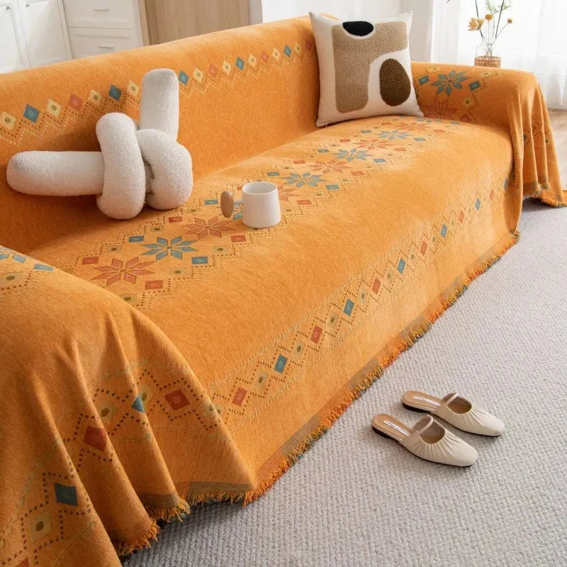 Plaid jeté de canapé grande taille double face style bohème ethnique chenille renforcée