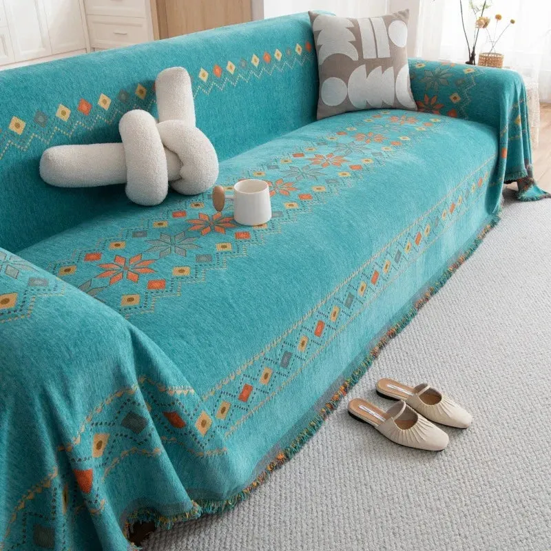 Plaid jeté de canapé grande taille double face style bohème ethnique chenille renforcée