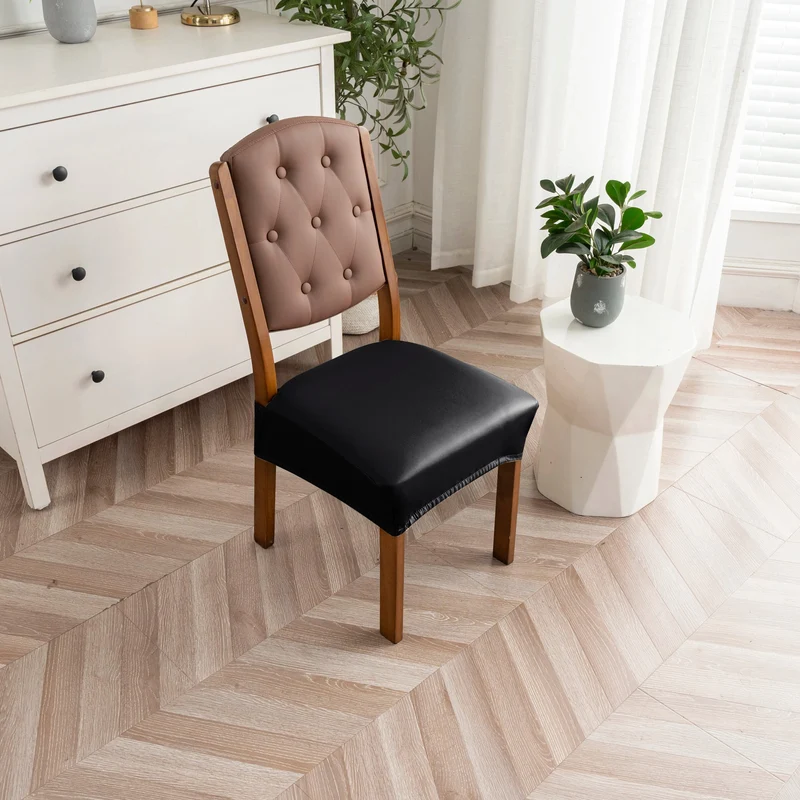 Housse pour assise siège de chaise simili cuir imperméable avec attaches anti glisse