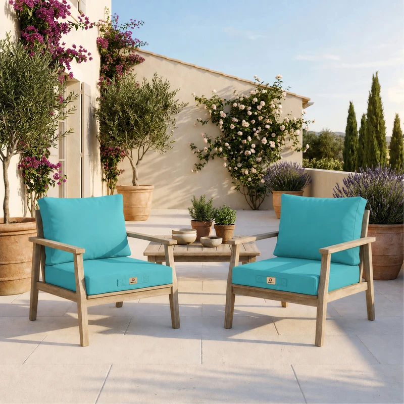 Ensemble Coussins Salon Jardin 60x70 Bleu Caraïbes - Déhoussable & Anti-UV (Assise + Dossier)