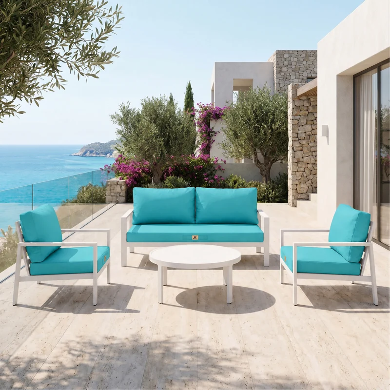 Ensemble Coussins Salon Jardin 60x70 Bleu Caraïbes - Déhoussable & Anti-UV (Assise + Dossier)