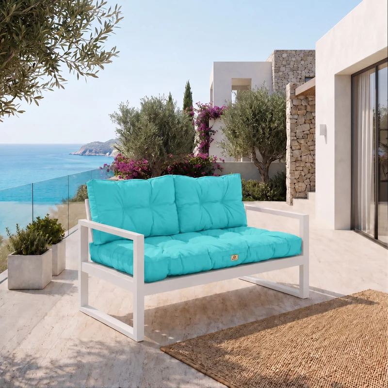 Ensemble Coussins Capitonné Banquette 120x60 Bleu Caraïbes - Épais 15cm (1 Assise + 2 Dossiers)