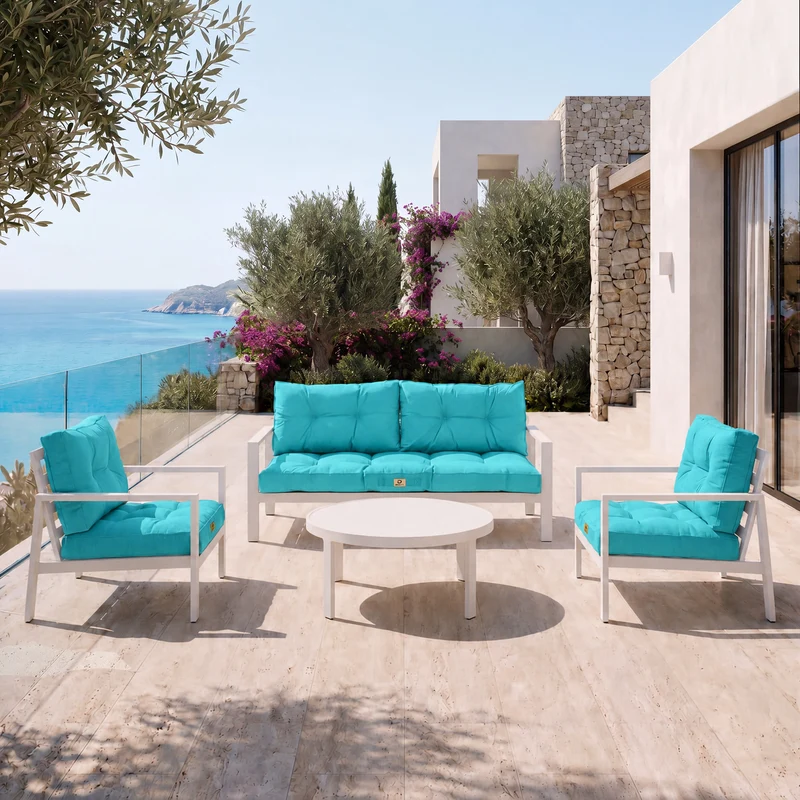 Ensemble Coussins Capitonné Banquette 120x60 Bleu Caraïbes - Épais 15cm (1 Assise + 2 Dossiers)