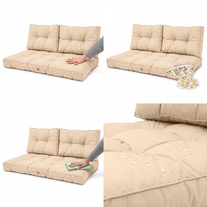 Ensemble Coussins Capitonné Banquette 120x60 Beige - Épais 15cm (1 Assise + 2 Dossiers)