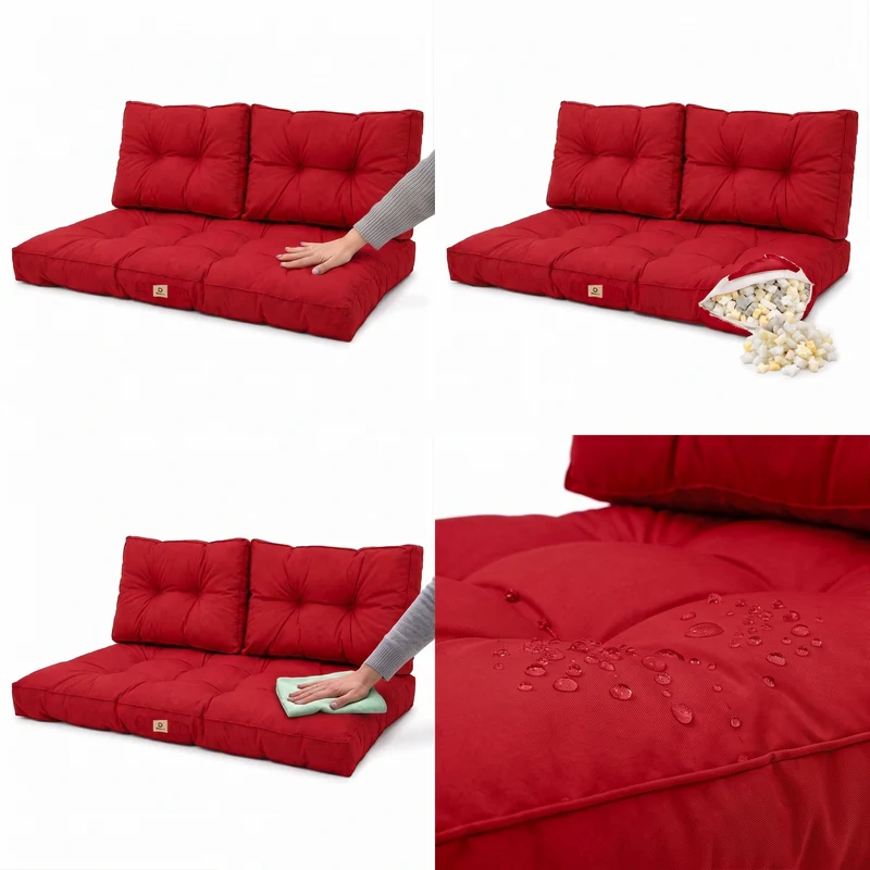 Ensemble Coussins Capitonné Banquette 100x50 Rouge - Épais 15cm (1 Assise + 2 Dossiers)