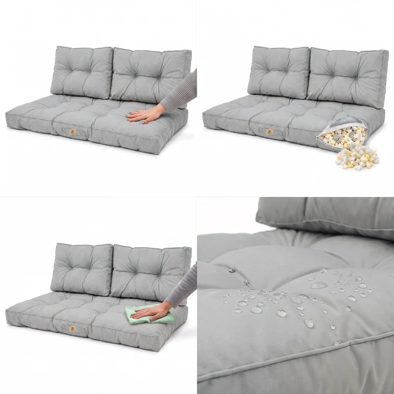Ensemble Coussins Capitonné Banquette 100x50 Gris Galet - Épais 15cm (1 Assise + 2 Dossiers)