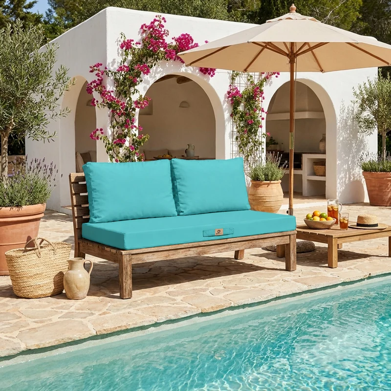Ensemble Coussins Salon Jardin 100x50 Bleu Caraïbes - Déhoussable & Anti-UV (1 Assise + 2 Dossiers)